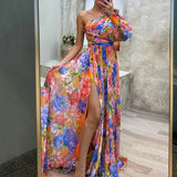 Formal Evening Gown with Slits Floral Print Evening Dress Elegant One Shoulder Floral Print Maxi Dress for Women for Party