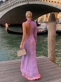 Women Sexy Y2k One Shoulder Long Sleeve Crochet Knit Long Dress Summer Beach See Through Party Grunge Club Cover Up Outfits