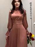 Long Dress New in Spring Fashion Satin Long Sleeves Elegant Robe Dress with Waist High Neck for Women's Commuting Evening Dress