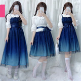 Japanese Fashion Galaxy Blue Starry Dress Women Lolita Summer JSk Soft Sister Cute Fairy Dress Lace Princess Tulle Strap ZR13