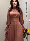 Long Dress New in Spring Fashion Satin Long Sleeves Elegant Robe Dress with Waist High Neck for Women's Commuting Evening Dress