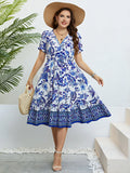 Plus Size Women Flower Print V-Neck A-Line Dresses Elegant Ruffle Short Sleeves Party Robe Casual Lady Vacation Large Size Cloth