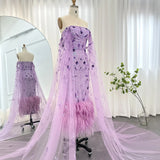 Sharon Said Dubai Luxury Feathers Lilac Evening Dress with Cape Sleeves Ankle Length Midi Arabic Women Wedding Party Gowns SS381