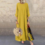 Printed Long Dress Dress Long O Neck Loose Women Plus Size Vintage 3/4 Sleeve Side Buttons Dress