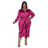 Elegant Satin Plus Size Women Shirt Dress Sexy Ruched Long Sleeve Lace Up Evening Party Midi Drerss Vestido Africano Feminino