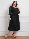 Plus Size V Neck 3/4 Lantern Sleeve Party Midi Dress For Women