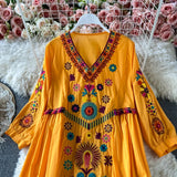 greatnfb  Vintage Women Dress Floral Embroidery Beach Dress Ladies Short Sleeve V-neck Cotton And Linen Boho Dresses Summer