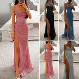 greatnfb Women Evening Dress Shiny Sequin Spaghetti Strap Maxi Dress Off Shoulder Sleeveless Low-cut High Split High Waist Prom Dress