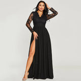 greatnfb Women's Fashion Sexy Lace Splicing Gowns Dresses V Neck High Waisted Cocktail Dresses Black High Split Evening Party Dresses