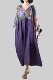 Plus Size Women's Dress Linen Purple Half Sleeve V Neck Pattern Print A-Line Mid-Calf Dresses Vintage Pleated Elegant Midi Dress