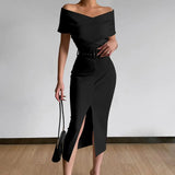 Hot！Women Elegant Off Shoulder Dress Black/White with Belt Mid Calf Skinny Strapless Fine Sewing Party Evening Dress for Office