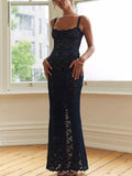 Elegant Lace See Through Maxi Dress Women Summer Sexy Spaghetti Straps Bodycon Wedding Party Dresses  Black Split Long Dress