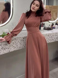 Long Dress New in Spring Fashion Satin Long Sleeves Elegant Robe Dress with Waist High Neck for Women's Commuting Evening Dress