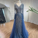 Serene Hill Dubai Mermaid Beaded Luxury Blue Muslim  Evening Dresses Gowns  with Detachable Skirt 2024 For Women Party LA71750