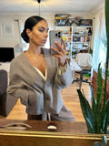 Chic Solid Wool Blend Blazer For Women Slim V-neck Long Sleeve Shoulder Pads Front Button Cardigan 2023 Autumn Lady Elegant Coat