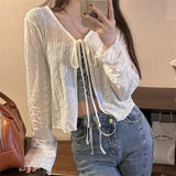 greatnfb Woman T-shirt Summer Thin Bow Solid Color Short Thin Womens Cardigan Korean Fashion Casual Sun Protection 2024 Top Women Clothin