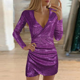 greatnfb Women Sexy Dress Sequins V-Neck Sexy Long Sleeve Self Cultivation Dress Slim Elegant Glitter Sheer Mesh V-Neck Bodycon Dress