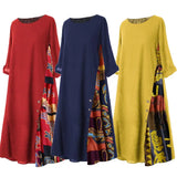 Printed Long Dress Dress Long O Neck Loose Women Plus Size Vintage 3/4 Sleeve Side Buttons Dress