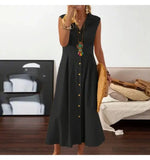 2024 Spring Cotton Linen Women Long Dress Black V-neck Sleeveless A-line Loose Elegant Dresses Female Summer Casual Lady Clothes