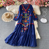 greatnfb  Vintage Women Dress Floral Embroidery Beach Dress Ladies Short Sleeve V-neck Cotton And Linen Boho Dresses Summer