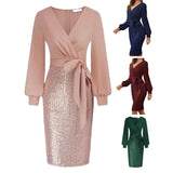 greatnfb Women V-neck Dress Stunning Sequin Splicing Bodycon Dress Elegant V Neck Slim Fit Belted Waist for Evening Parties for Women