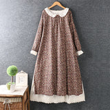 2024 Japanese   Embroidery   Cotton And Linen  Flower  Loose Long-sleeved Dress Midi Dress