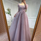 Serene Hill Muslim Pink A Line Beaded Luxury Dubai Long Evening Dresses Gowns 2024  For Woman Wedding Party LA71915