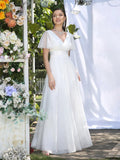 Simple Ivory Bridesmaid Dresses Women 2023 A-Line Puffer Short Sleeve V-Neck Pleat Tulle Open Back Wedding Party Gowns with Belt