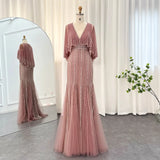 Sharon Said Luxury Pink Mermaid Dubai Evening Dresses with Cape 2024 Elegant V-Neck Arabic Women Wedding Formal Party Gown SS284