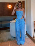 Fashion Sequinned Demin Shirt Suit For Women Chic Cropped Atrapless Tank Top Long Pants Set Female High Street Party Outfits