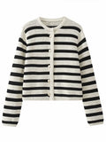 greatnfb Women 2024 Autumn New Fashion All-match Striped Knitted Cardigan Retro Long Sleeve Chic Button Casual Top Mujer