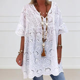 greatnfb Women Mini Dress Fashion V-Neck Hollow Out Embroidery Pattern Short Sleeves White Color Ruffle Dress Summer Casual Loose Cover-u