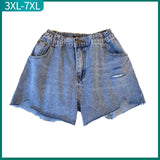 New 2023 Ladies Summer Plus Size hot pants For Women Large Size Loose Blue Cotton Hole Pocket Denim Shorts 3XL 4XL 5XL 6XL 7XL