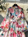 2024 Holiday Gorgeous Flower Party Dress Women's Stand Long Sleeve Single Breasted Floral Print Belt Linen Maxi Robe Vestidos