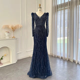 Sharon Said Navy Blue Mermaid Evening Dress for Women Wedding Elegant Emerald Green Long Sleeves Arabic Formal Party Gowns SS099