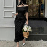 Off the Shoulder Maxi Dresses for Women 2023 Fashion Solid Pleated Bodycon Dress Long Sleeve Elegant Party Evening Dress