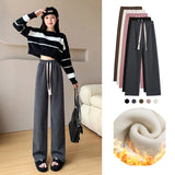 Casual Drawstring Wide Leg Pants Women Y2K Lace Up High Waist Loose Straight Pant Autumn Winter Plush Sweatpants Women's Trouser