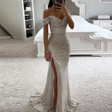 Solid Color Long Sleeve Dress Elegant Sequin V-neck Maxi Dress for Evening Party Prom Off Shoulder Slim Sexy Split Long Dress