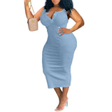 greatnfb  Summer New Plus Size Women's Solid Sleeveless Button Dress 2024 Women's Fashion Sexy Nightclub Birthday Party V-Neck Large Dress