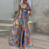 Formal Evening Gown with Slits Floral Print Evening Dress Elegant One Shoulder Floral Print Maxi Dress for Women for Party