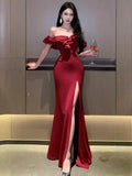 Red Sexy Club Backless High Split Ruffles Wrapped Hip Dress Elegant Luxury Off Shoulder Party Evening Dresses Women 2023 Summer