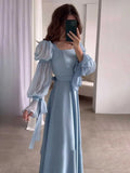 greatnfb Women Chiffon Satin Evening Dress Square Collar Belt Flare Sleeve Pleated Female Dresses 2024 Elegant Lady Y2k Streetwear