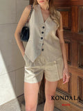 KONDALA Casual Linen Women Suits 2 Pieces V Neck Buttons Vest Blazer+High Waist Wide Leg Shorts Fashion 2023 Summer Vintage Sets