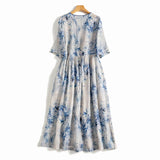 Sky Blue Print Vintage Linen Thin Lace Up V-Neck Women's Dress Half Sleeve A-Line Mid-Calf Dresses For Women Spring Summer