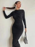 2024 Spring Women's O-neck High Waist Folds Long Dress Streetwear Winter Office Lady Solid Tunics Bodycon Evening Party Dresses