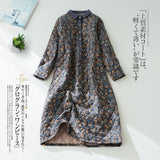 Cotton-padded Dresses Korean Style Women Winter Warm Outwear Thickened Cotton Linen Floral Printed Dress