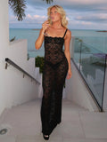 Elegant Lace See Through Maxi Dress Women Summer Sexy Spaghetti Straps Bodycon Wedding Party Dresses  Black Split Long Dress