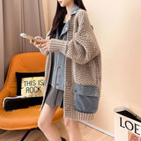 2023 Spring Autumn Denim Patchwork Loose Lazy Style Thickened Clothes Knitted Sweater Coat Cardigan Top Women