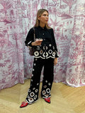 Chic Hook Flower Hollow Out Women's Lace Pants Set Retro Lapel Long Lantern Sleeve Shirt Suit 2024 New Lady Party Elegant Outfit