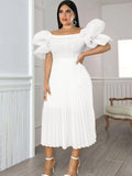 ONTINVA White Midi Dresses for Women Plus Size Off Shoulder Puff Sleeve Pleated A Line Evening Party Wedding Guest Outfits 4XL